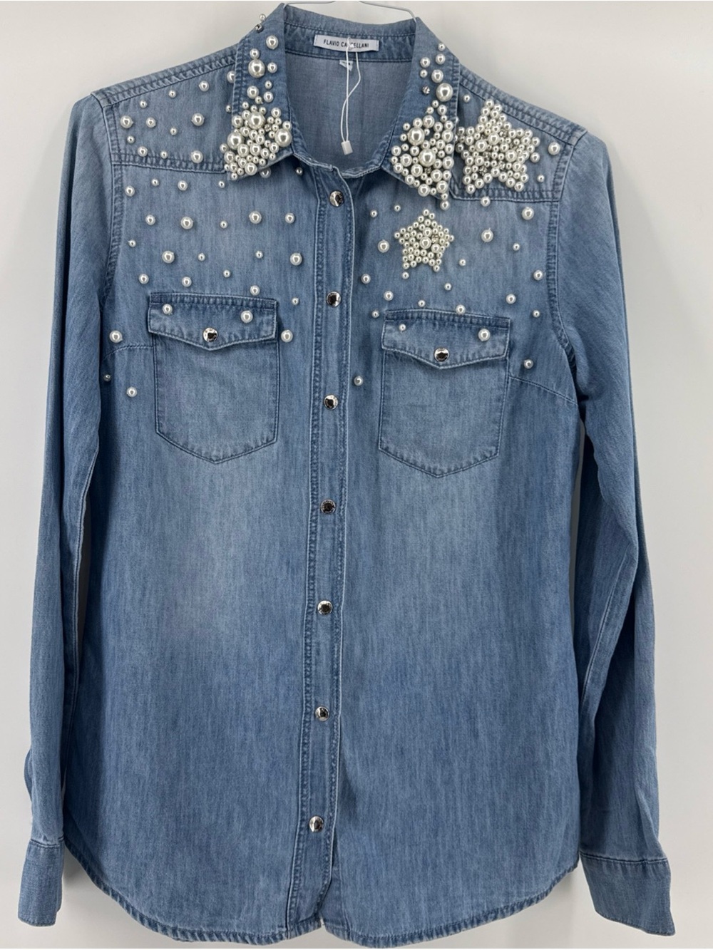 Flavio Castellani Denim Shirt Embroidered With Pearls And Rhinestones SZ 44 NWOT